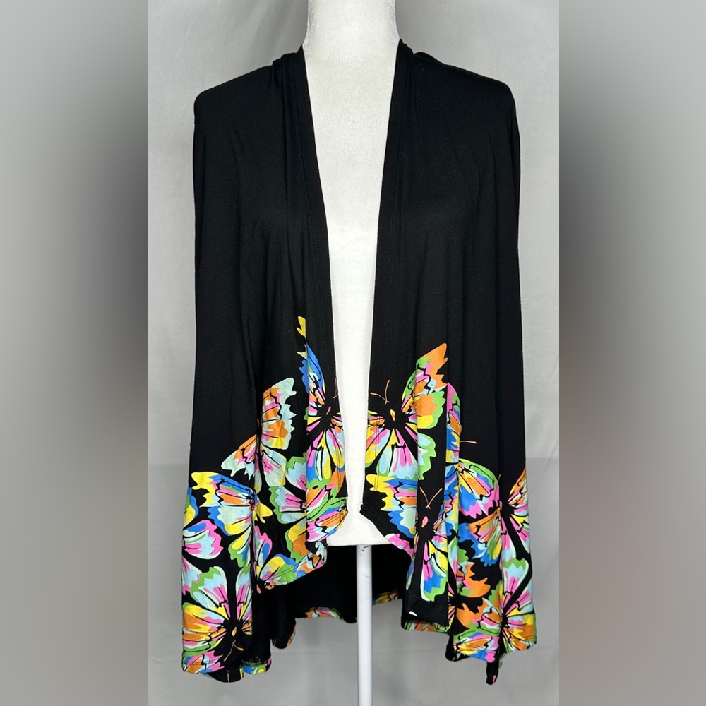 A Walk In The Park Black Open Front Cardigan Vibrant Colorful Butterfly Sz M